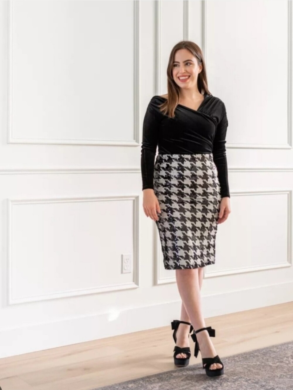 Ann Taylor Black White Houndstooth Sequin Pencil Skirt Size 16 - Picture 3 of 14